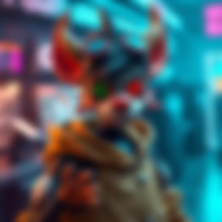 D.Mon gaming character A colorful video game character representing D.Mon, showing a mix of quirky traits and mundane features, set against a gaming backdrop