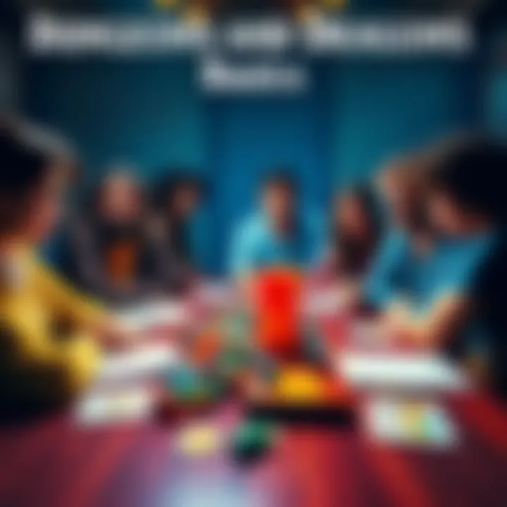 A colorful Dungeons and Dragons game setup with dice, character sheets, and a group of diverse friends gathered around a table, preparing to play together.