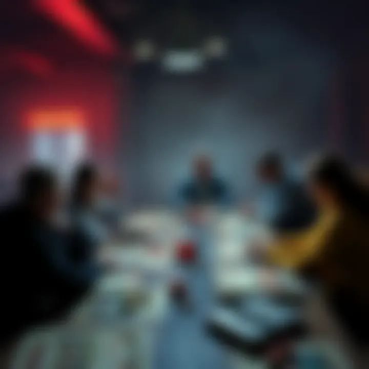 Dungeons and Dragons 4th Edition A group of people around a table playing Dungeons and Dragons, with 4th Edition rulebooks and dice scattered on the table.