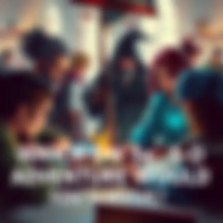 A group of diverse adventurers, including a warrior, wizard, and rogue, gathered around a tabletop, discussing strategies for a DnD 5e adventure