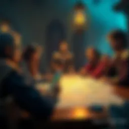 A group of players discussing features for a DnD app, with character sheets and maps on the table