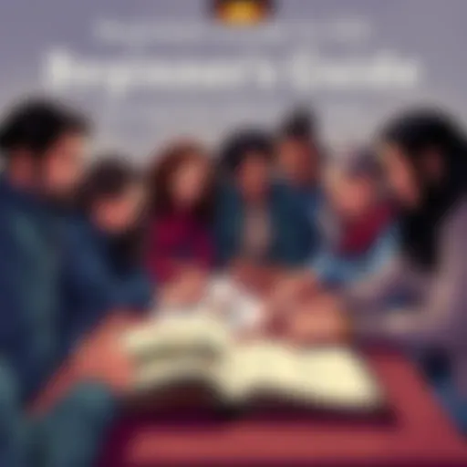 D&D Beginner's Guide Illustration A group of diverse people gathered around a tabletop, with dice, character sheets, and a fantasy-themed book. They are engaged and smiling, exploring the world of Dungeons & Dragons together.