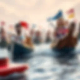 Colorful DnD boat race with fake sponsors A lively Dungeons & Dragons boat race featuring whimsical boats adorned with funny sponsor names like Barbiagra and others, creating a humorous and competitive atmosphere.