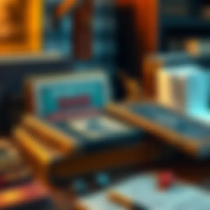 A tabletop with DnD rulebooks, dice, and character sheets, showcasing different organizing options for games