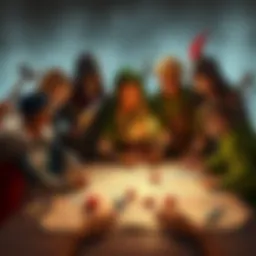 A group of diverse fantasy characters, including a warrior, a wizard, and a rogue, gathered around a table with dice and maps for a Dungeons & Dragons game.