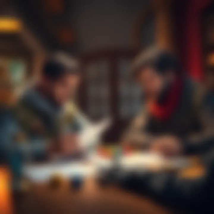 Two DnD players discussing campaign ideas at a table with dice and character sheets, showing a mix of excitement and concern on their faces.