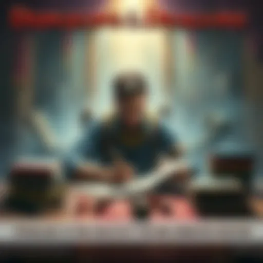 A player sitting at a table surrounded by Dungeons & Dragons books and dice, looking thoughtful while sketching a character on paper.