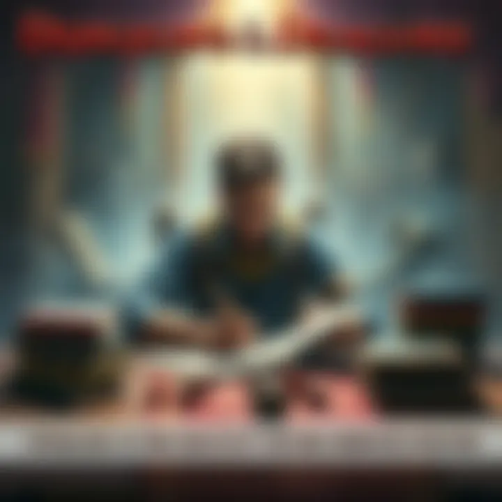 A player sitting at a table surrounded by Dungeons & Dragons books and dice, looking thoughtful while sketching a character on paper.