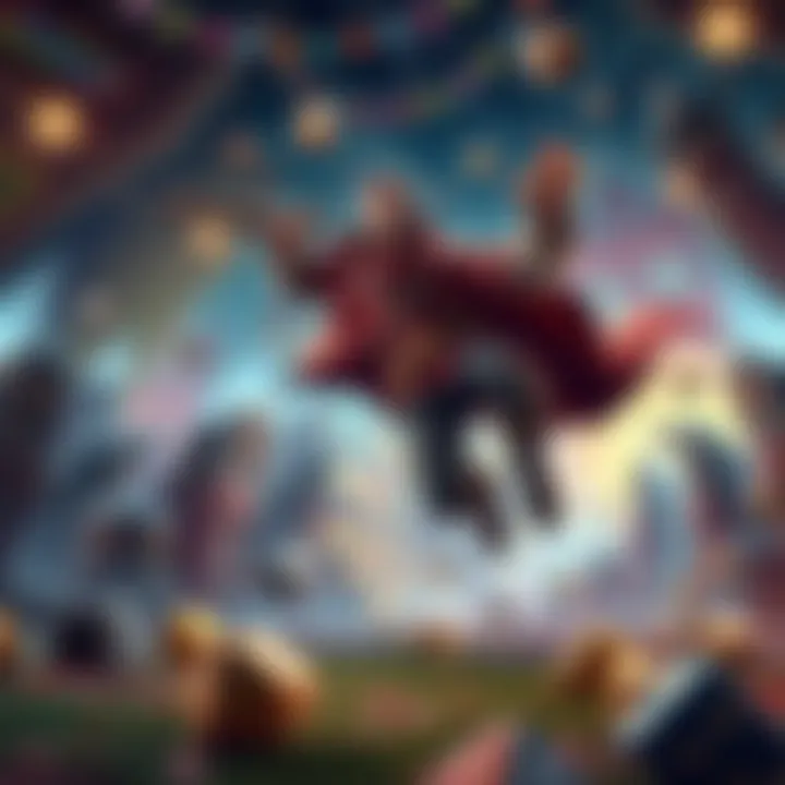 A fantasy character falling through the air in a colorful D&D game environment with dice scattered around