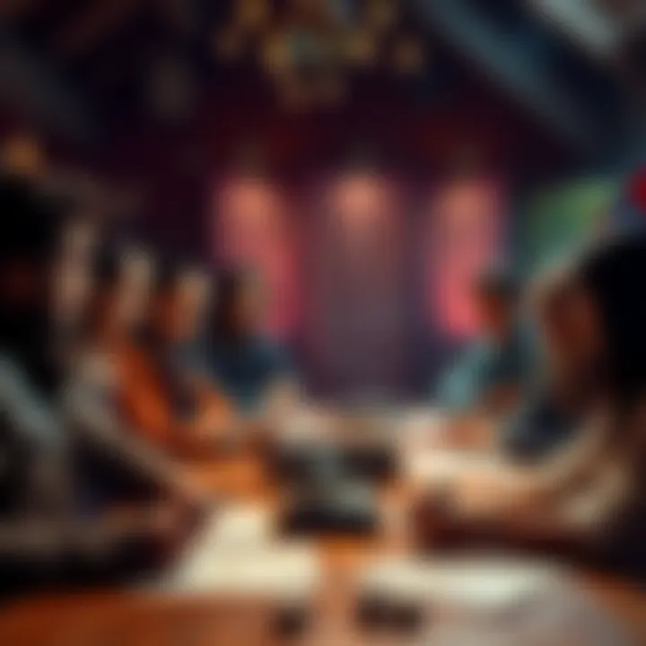 A group of diverse players sitting around a table, discussing strategies for a Dungeons & Dragons game, with dice and character sheets visible.