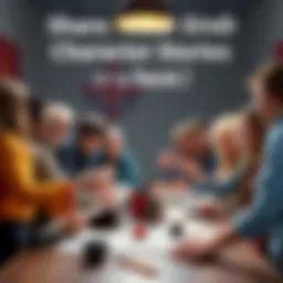 A group of people excitedly discussing their DnD characters at a table with dice and character sheets