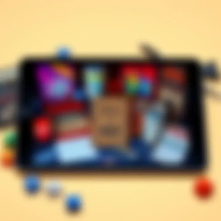 A digital tablet displaying various Dungeons & Dragons character sheet apps, surrounded by dice and game accessories