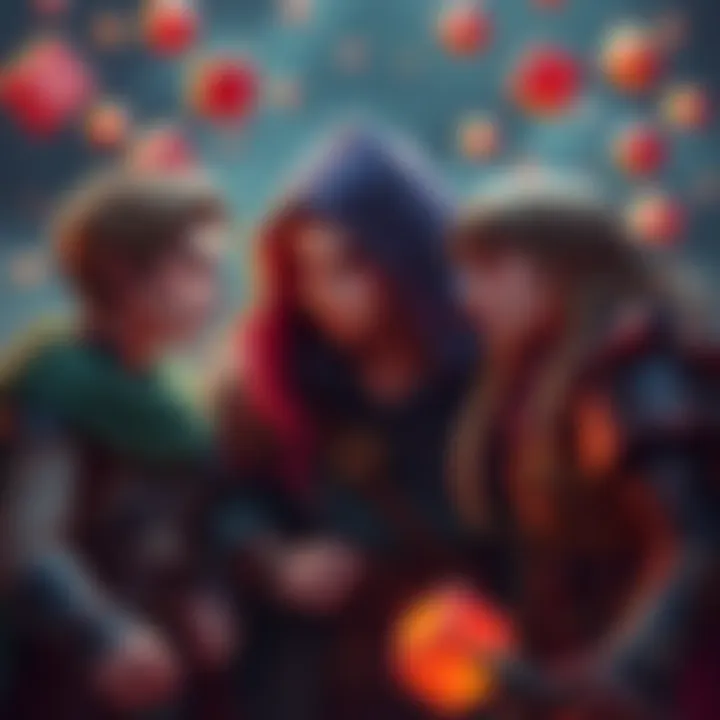 A group of Dungeons & Dragons characters sharing a moment, showing friendship and connection, with rolling dice in the background.