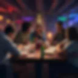 A group of friends sitting around a table with DND character sheets, dice, and snacks, engaged in a lively game session.