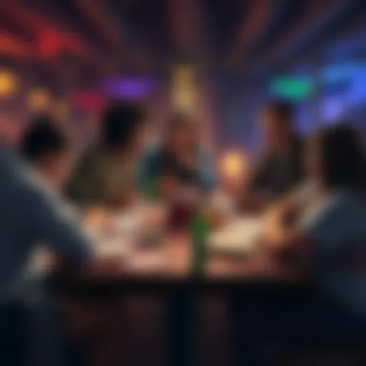 A group of friends sitting around a table with DND character sheets, dice, and snacks, engaged in a lively game session.