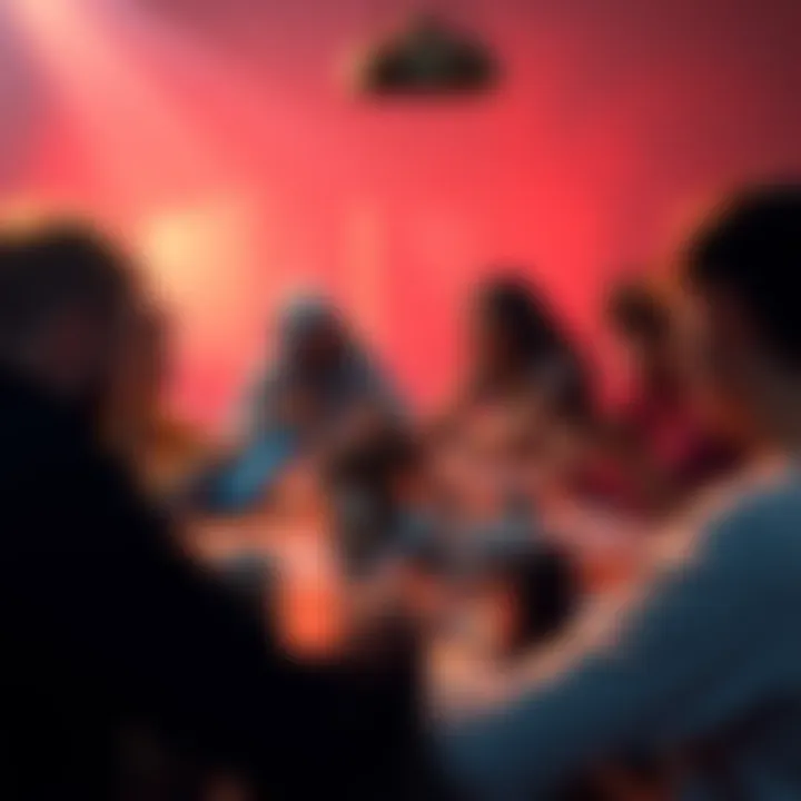 DnD game session A group of people playing Dungeons and Dragons around a table, with some looking at their phones and others engaged in the game, showing a mix of focus and distraction.