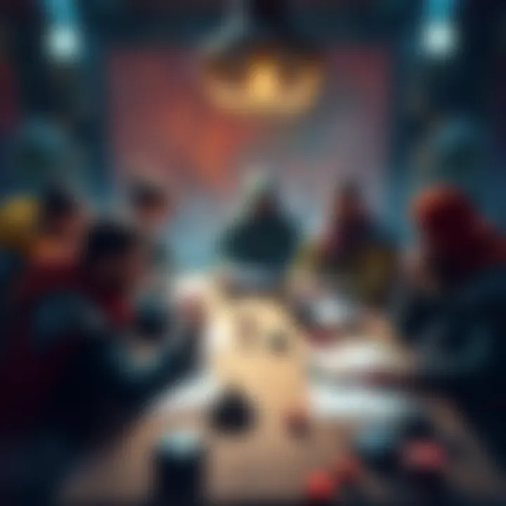 A group of DND players gathered around a table with character sheets, dice, and magic items, discussing stats and gameplay strategies.