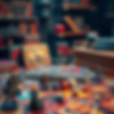 A colorful tabletop with Dungeons and Dragons books, miniatures, and dice spread out for play