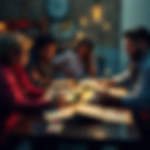 A group of friends discussing tabletop game rules with books and character sheets on the table.