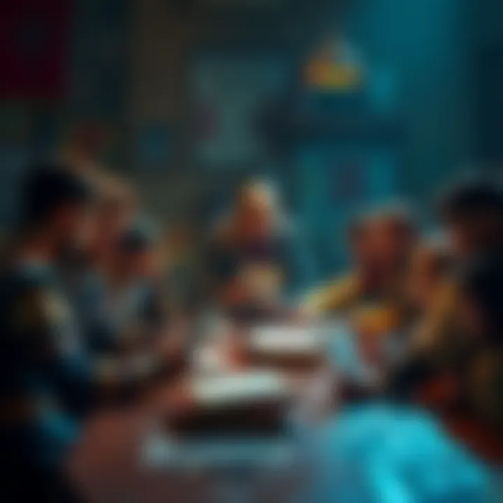 A group of players around a table engaged in a Dungeons and Dragons game, discussing an Intelligence-based language skill while examining character sheets and books.