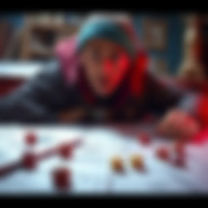 A frustrated DND player surrounded by character sheets and dice, showing a mix of disappointment and determination.