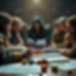 A group of D&D players looking frustrated while discussing various memes related to the game, surrounded by dice and character sheets.