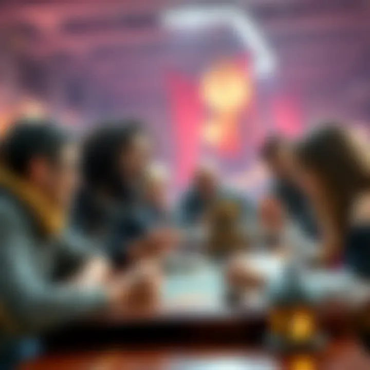 A group of Dungeons and Dragons players laughing and flirting at a game table, showcasing a fun and engaging atmosphere.