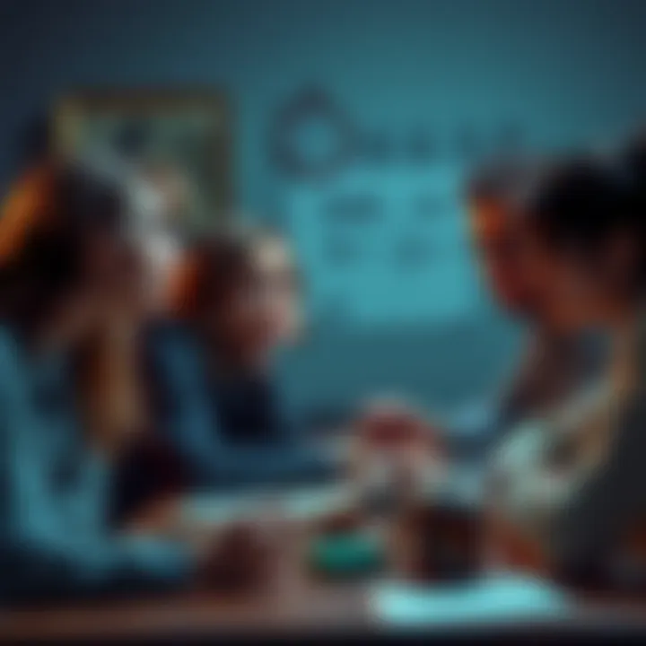 A group of friends at a table engaged in a DND game, focused on math calculations while looking a bit anxious and supportive of each other.