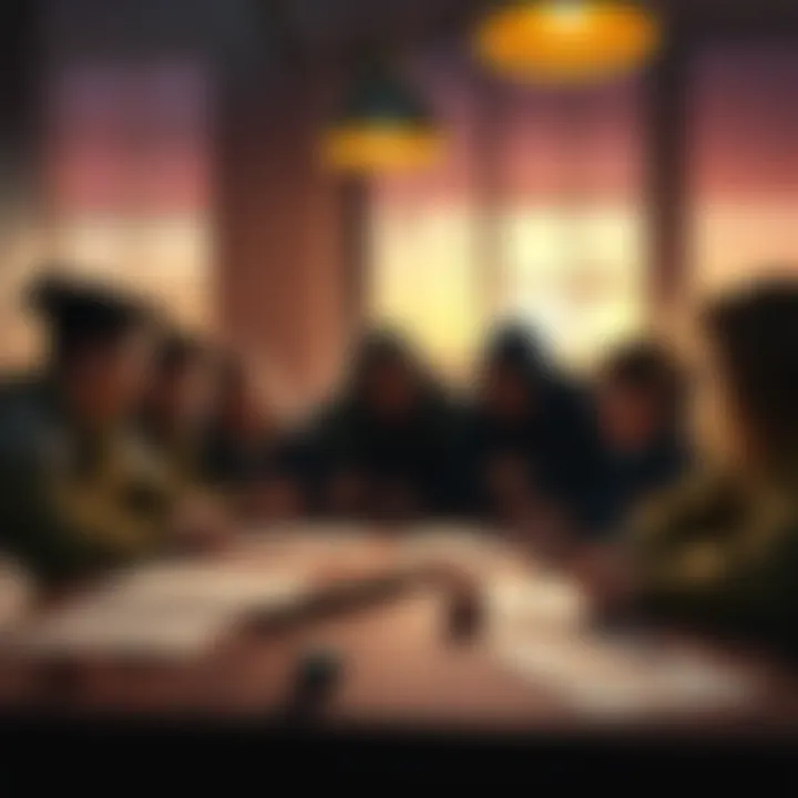 A group of friends sitting around a table, looking thoughtful after finishing a D&D game, with character sheets and dice scattered around.