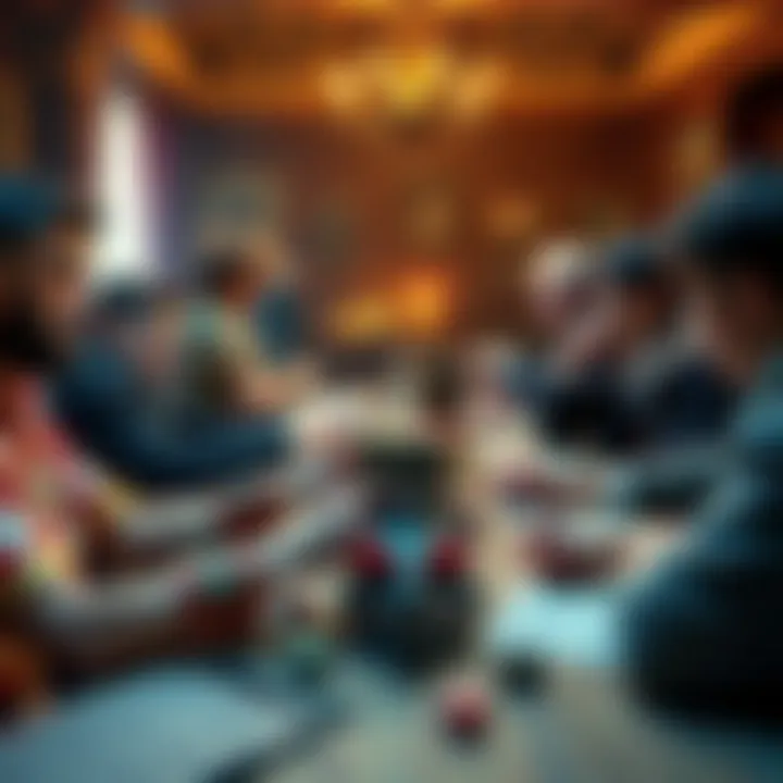 A group of American DND players adopting British accents while engaged in a tabletop game, surrounded by dice and character sheets.