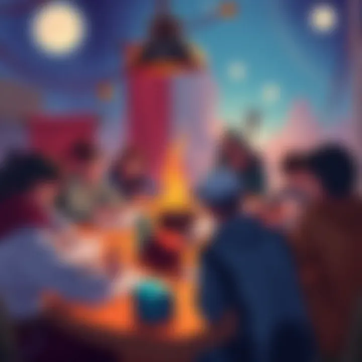 A colorful DnD themed illustration featuring dice, character sheets, and a group of players discussing questions around a table.