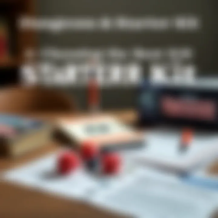 A beginner's Dungeons & Dragons starter kit with dice, rulebook, and character sheets on a table