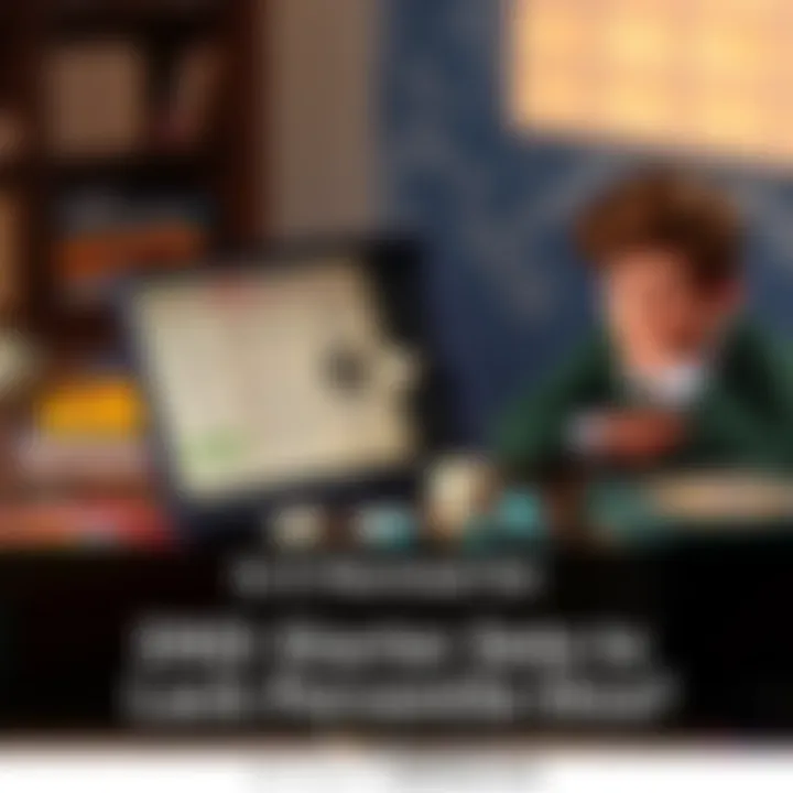 A tabletop setup showing a DnD starter set box open, with dice visible but missing the percentile die, next to a confused newcomer looking at the contents.