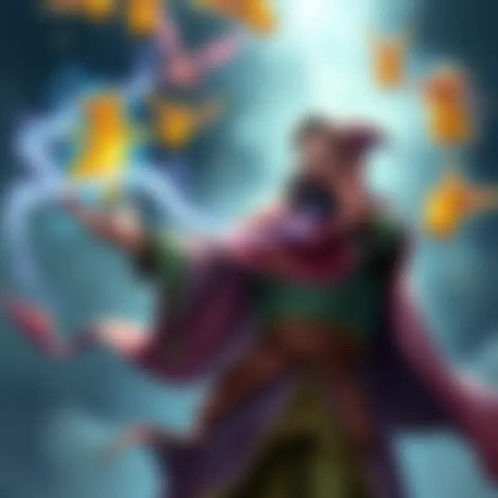 A wizard in colorful robes casting a spell with several whimsical spirits appearing around him.
