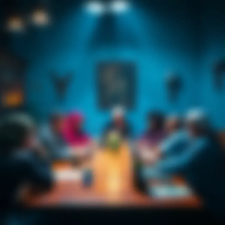 Dungeons and Dragons table with players A group of DnD players gathered around a table, discussing experience points and character leveling strategies