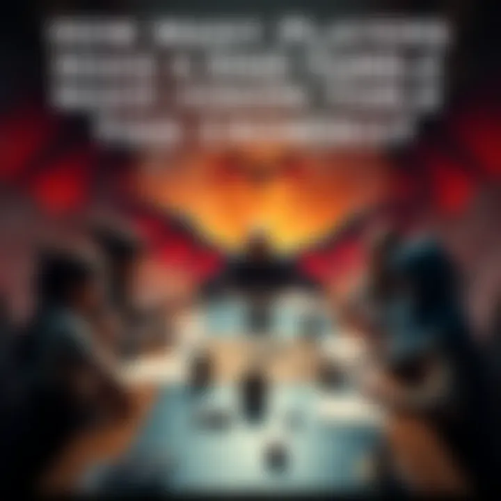 A group of players gathered around a table playing Dungeons & Dragons with dice and character sheets scattered across the surface