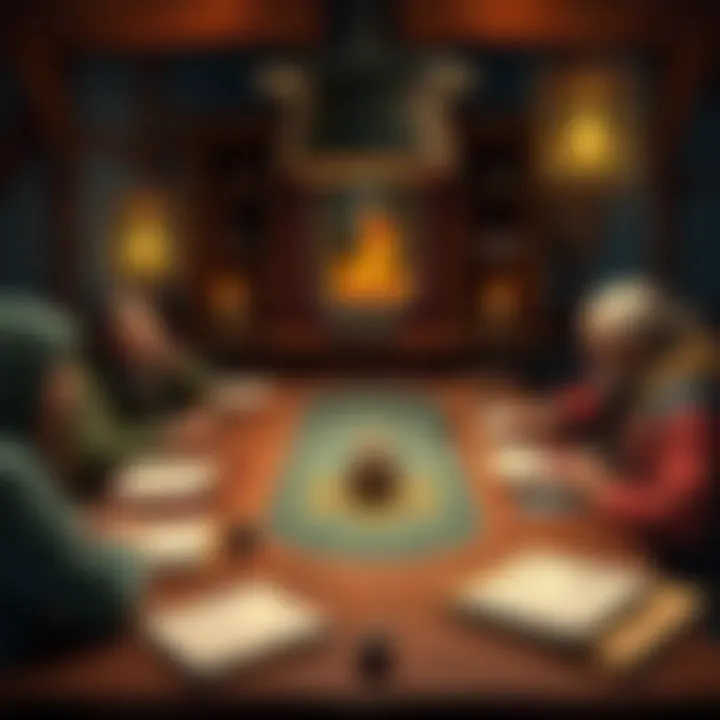 A cozy Dungeons & Dragons table with players gathered around, dice and character sheets visible, enhancing the gaming experience.
