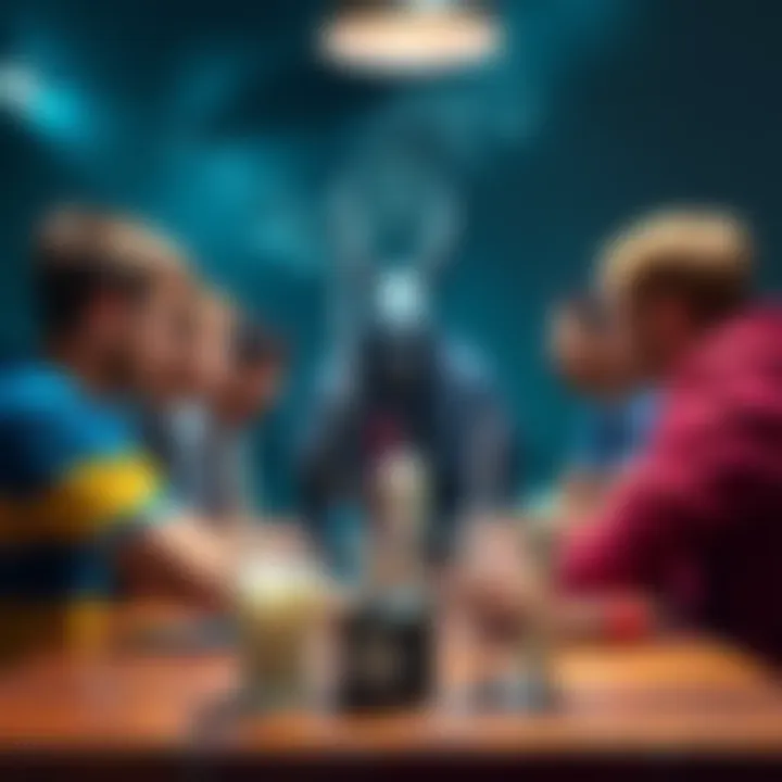 A group of tabletop gamers seated around a table, animatedly debating the use of yogurt against a Gray Ooze in Dungeons & Dragons.