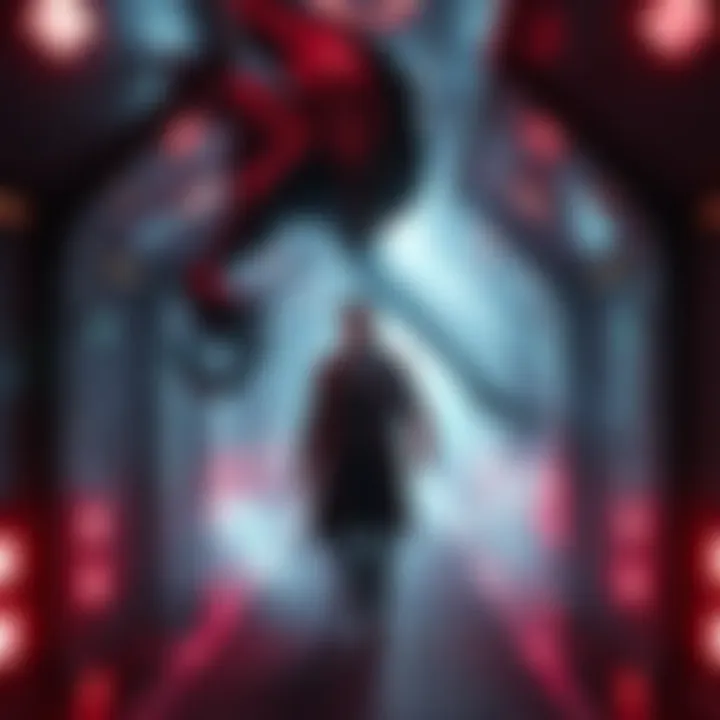 A time-traveling hero encounters a terrifying alien creature in a dark spaceship corridor.