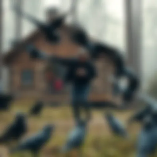A person playfully dodges crows around a rustic cabin in a wooded area.
