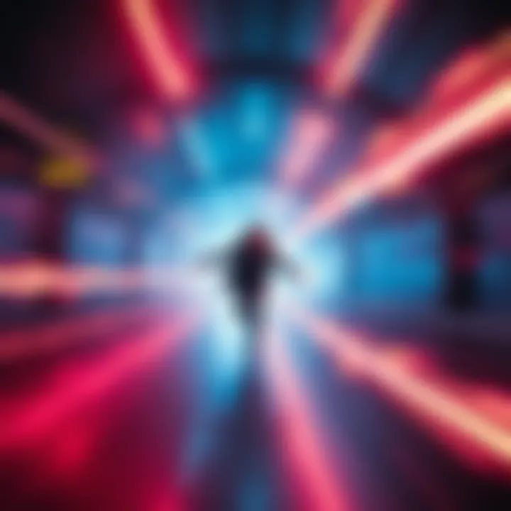 A person skillfully dodges glowing plasma streams in a futuristic setting, reminiscent of action scenes from a sci-fi movie.