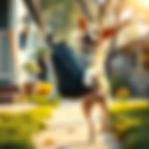A joyful dog jumps up and wags its tail as its owner comes back home carrying a trash bag