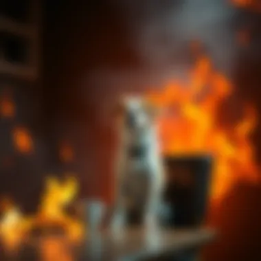 A dog sitting at a table with a coffee cup, looking unfazed while flames surround the room, depicting chaos.