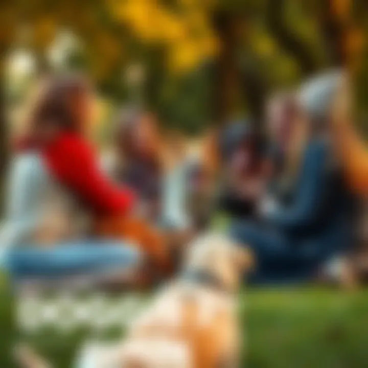 Excited dog lovers discussing DOGGIE 97% A group of dog lovers enthusiastically chatting about DOGGIE 97% while holding their dogs in a park