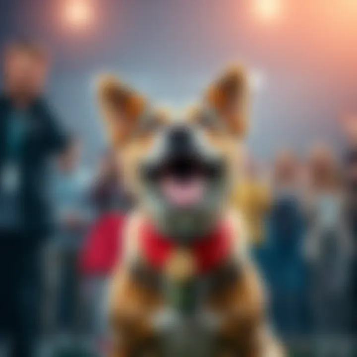 A joyful dog with a medal around its neck, representing its recent score of 78 after a record score of 91, with excited people in the background.