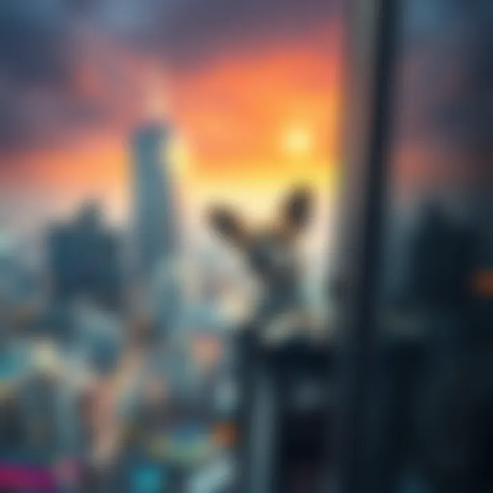 A small dog looking out from a balcony of a tower, with a concerned expression, surrounded by city buildings.
