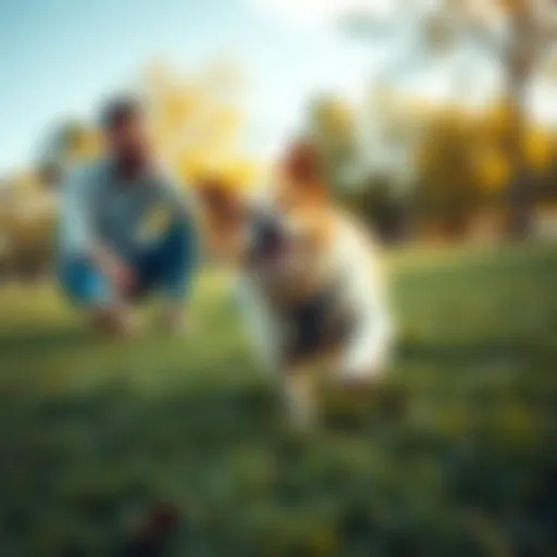 A cheerful dog playing in a grassy park while its owner laughs, showcasing their fun outdoor adventure together.