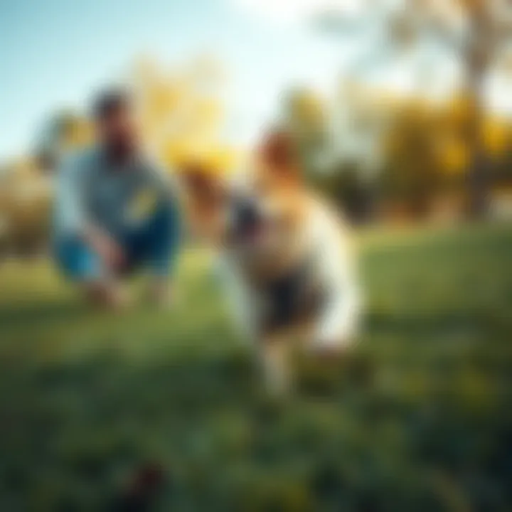 A cheerful dog playing in a grassy park while its owner laughs, showcasing their fun outdoor adventure together.