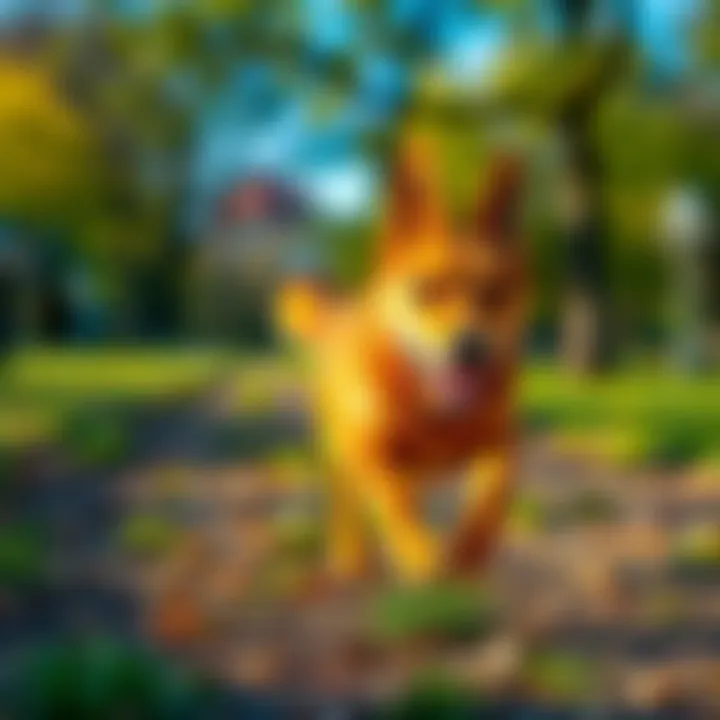 Dog playing in a park A happy dog running in a park, enjoying the outdoors and exploring its surroundings