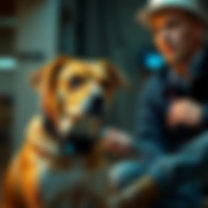 A dog looks uncomfortable wearing a shock collar while sitting next to its owner, who appears concerned.